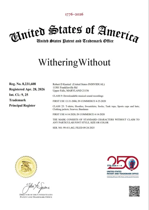 WitheringWithout registered trademark certificate